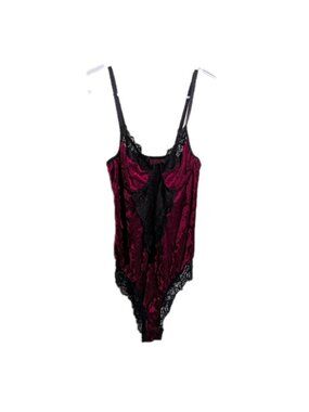 Whimsigoth Burgundy Crushed Velvet Bodysuit Lace Trim Goth Coquette Lingerie M